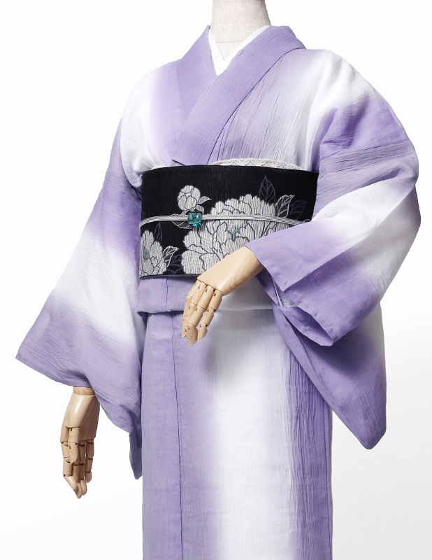 ちぢみ 着物 美術サロン 単衣 グラデーション 紫 グレー 白地 綿麻