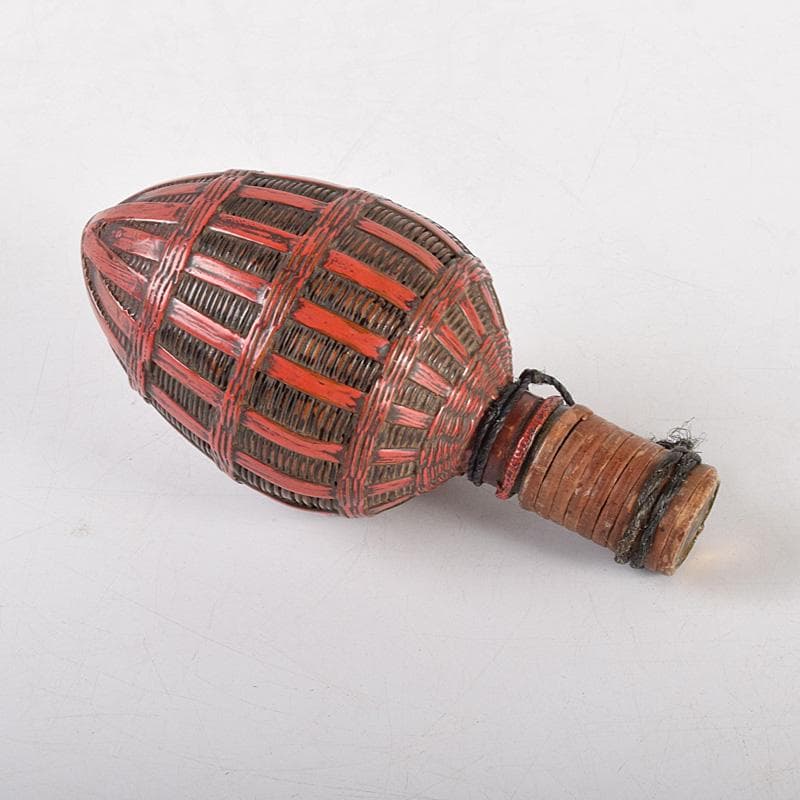 時代提げ物　武具　刀装具　古竹編細工　朱塗根来塗　薬入　火薬入　V　R5002 時代提げ物 武具 刀装具 古竹編細工 朱塗根来塗 薬入 火薬