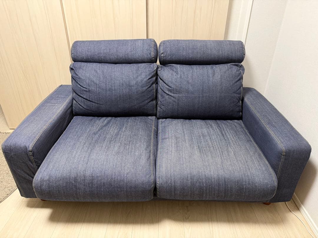 （値下げ）無印良品 2人掛けソファ ヘッドレスト付き デニム調カバー 値下げ/無印良品の綿デニムソファ 2.5シーター/フェザー ポケット