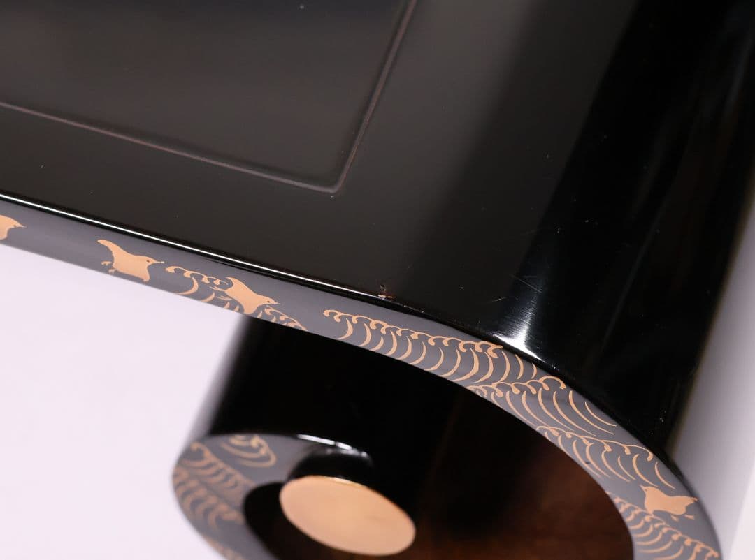 漆芸 紅葉桜 波千鳥 蒔絵 巻足 平卓 花台 黒塗 梨地 木製