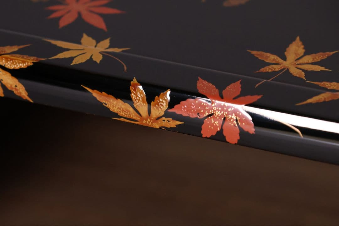 漆芸 紅葉桜 波千鳥 蒔絵 巻足 平卓 花台 黒塗 梨地 木製